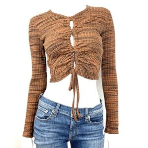 Zara Women’s Size M Brown Ruched Crop Cutout Top Pullover Long Sleeve